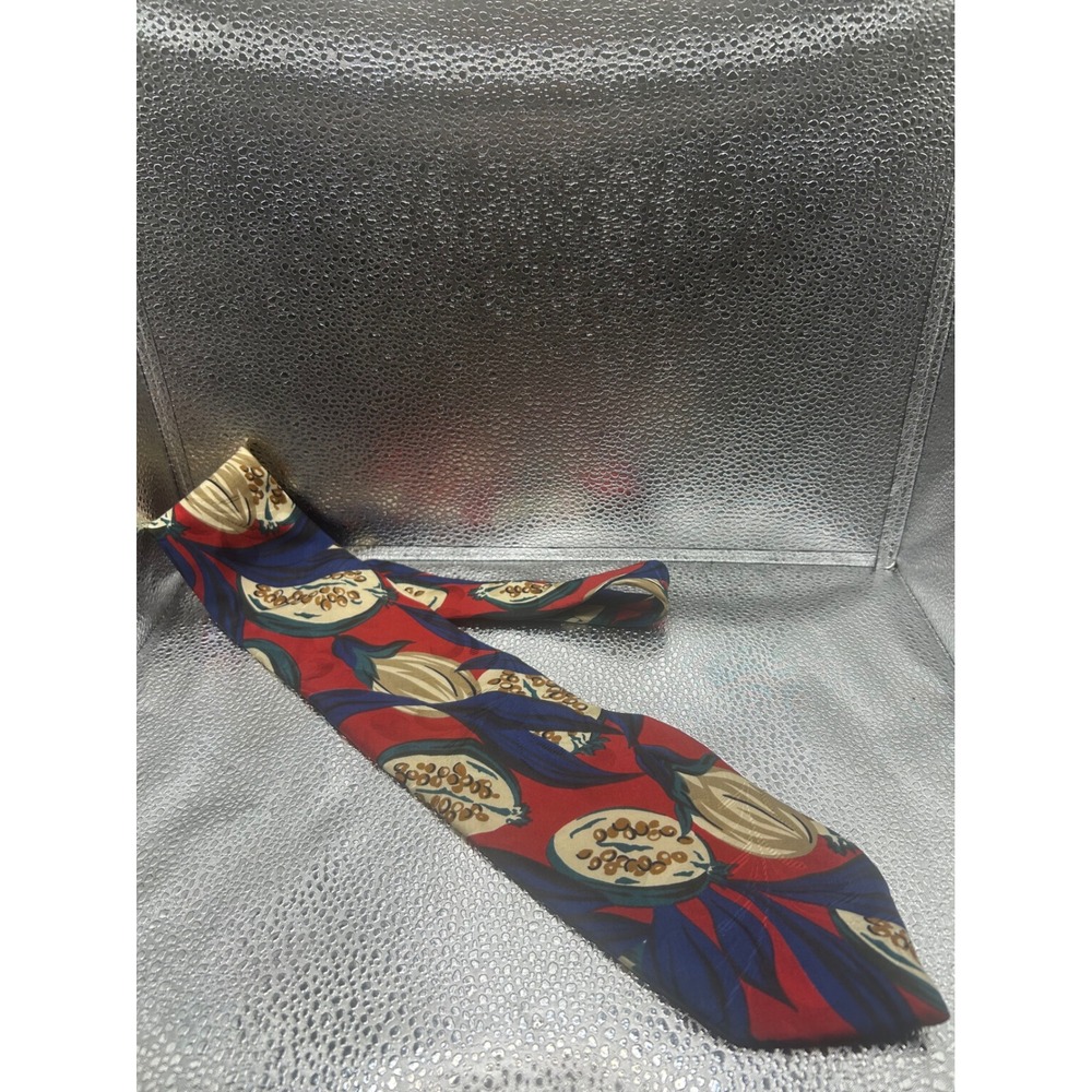 Mario Valentino Mens Red Blue Botanical Pomegranate 100% Italian Silk Necktie